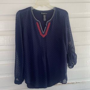 Contemporary Style Signature Studio Navy Blue Sheer Roll Tab Sleeve Top Size S